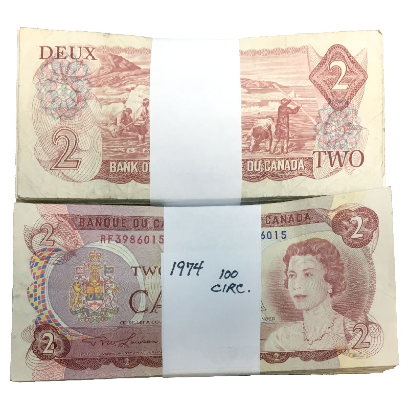 1974 Bank of Canada 2 Dollar Bill Multicoloured Series, Circulated