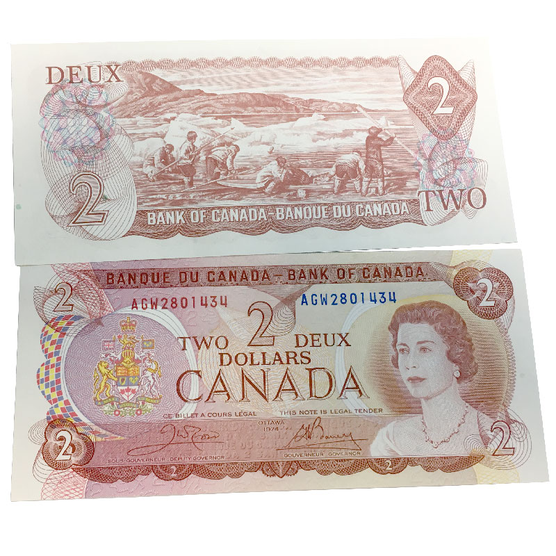 1974 Bank of Canada 2 Dollar Bill Multicoloured Series, Circulated
