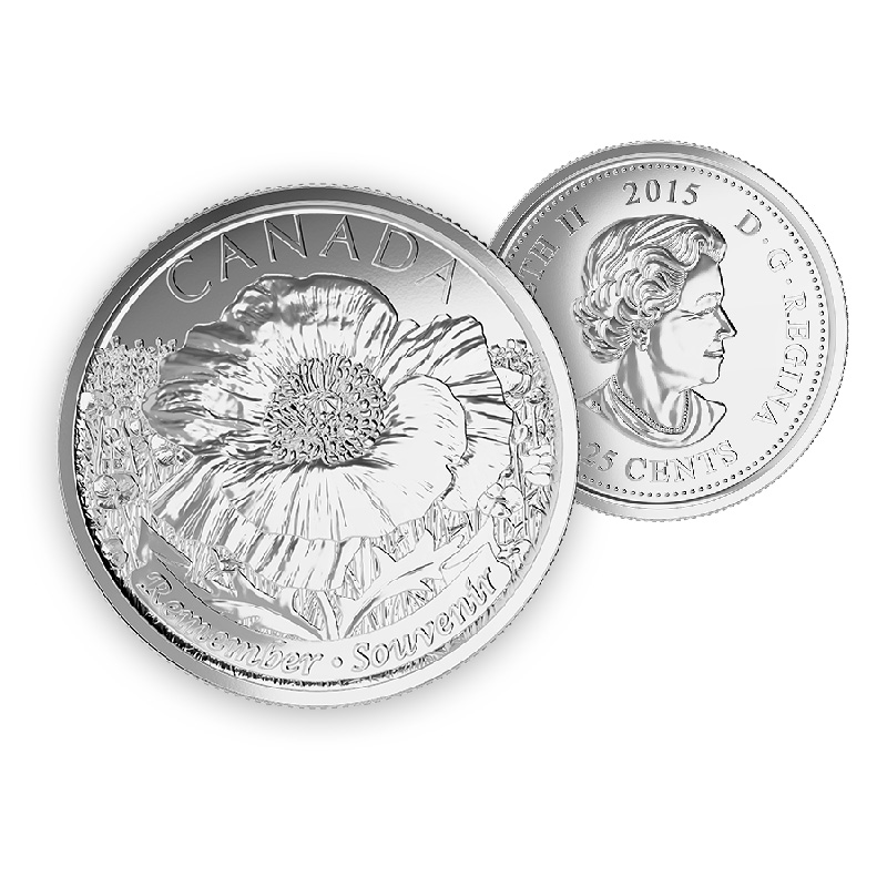 Brilliant Uncirculated 2015 Canada Poppy Color 25 Cents From Mint/'s Roll