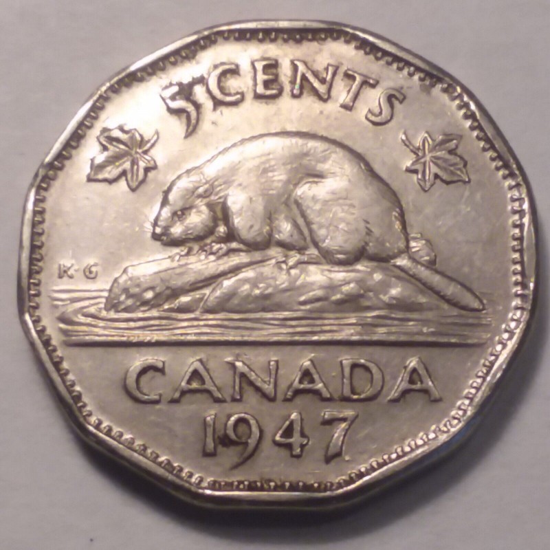 1947 DOT Canadian 5-Cent Beaver Nickel Coin (VF Grade)