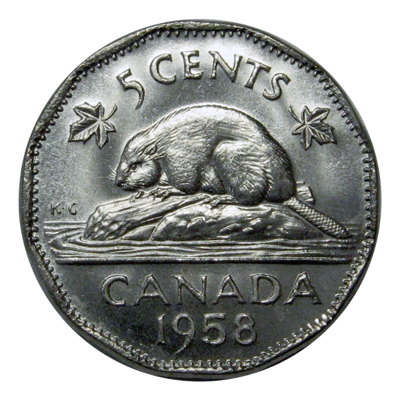 1958 Canadian 5-Cent Beaver Nickel Coin ( Uncirculated)