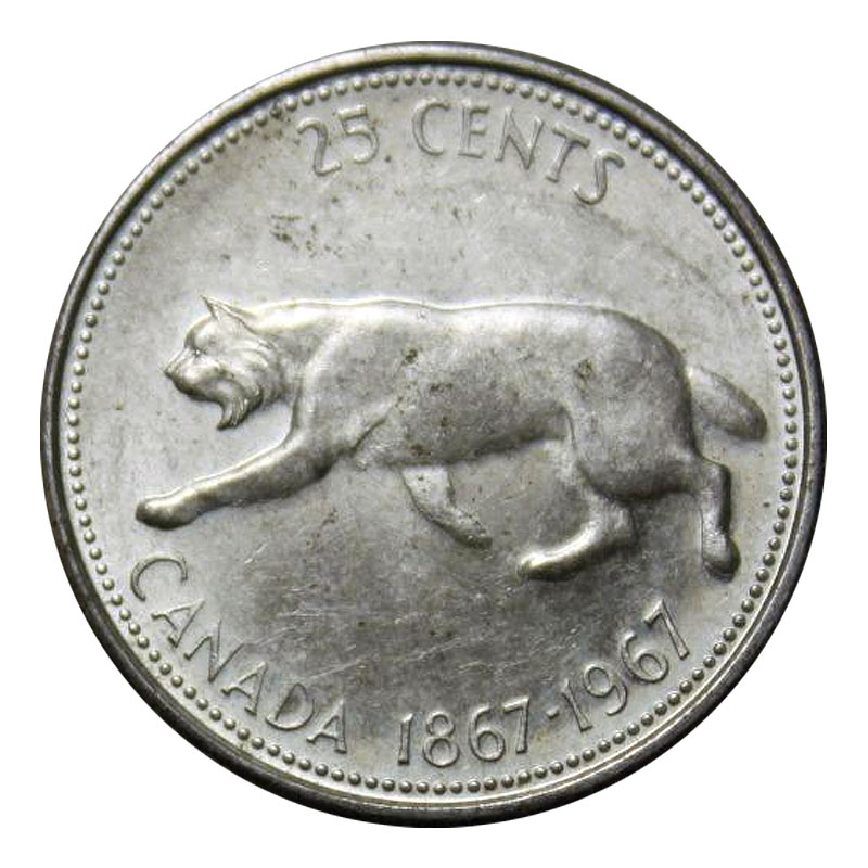 1967 1867 Canadian 25 Cent Bobcat Confederation Centennial Silver Quarter Coin Circulated