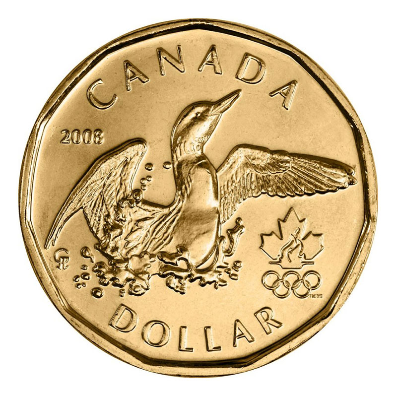 Brillant Uncirculated UNC Canada 2008 Lucky Loonie for Olympics $1 dollar coin