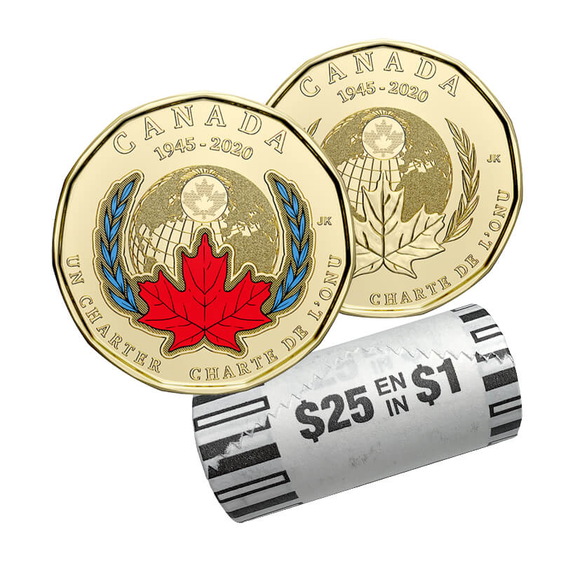 2020 (1945-) Canadian $1 Signing Of The United Nations Charter 75th Anniv Loonie  Dollar Original Coin Roll (Some Coloured)