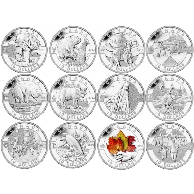 12 Coin Set with Presentation Case 2013 Canadian Mint $10 Fine Silver O Canada 