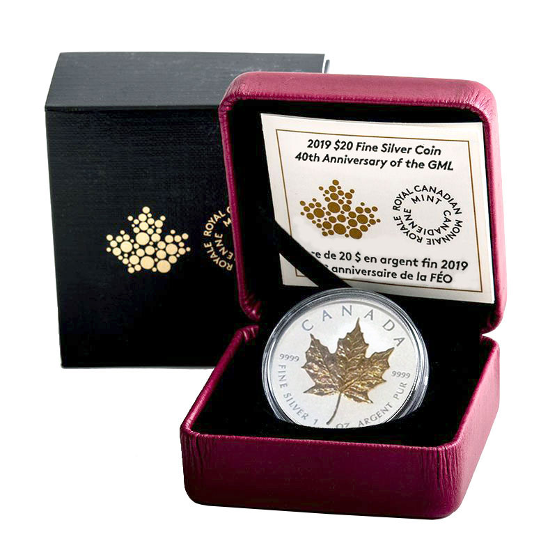 2019 40th Anniversary Gold Maple Leaf $20 1 OZ Silver Proof  Incuse Coin Canada
