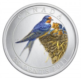 Canada 2012 Evening Grosbeak 25 Cent Over Sized Coloured Coin Rcm Pack. 