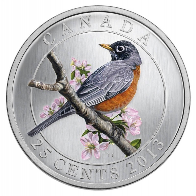 Canada 2012 Evening Grosbeak 25 Cent Over Sized Coloured Coin Rcm Pack. 