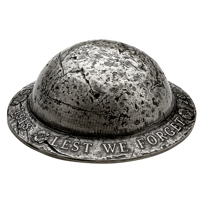 1918-2018 Lest We Forget $25 Pure Silver Helmet-Shaped Coin 100th Armistice WW1