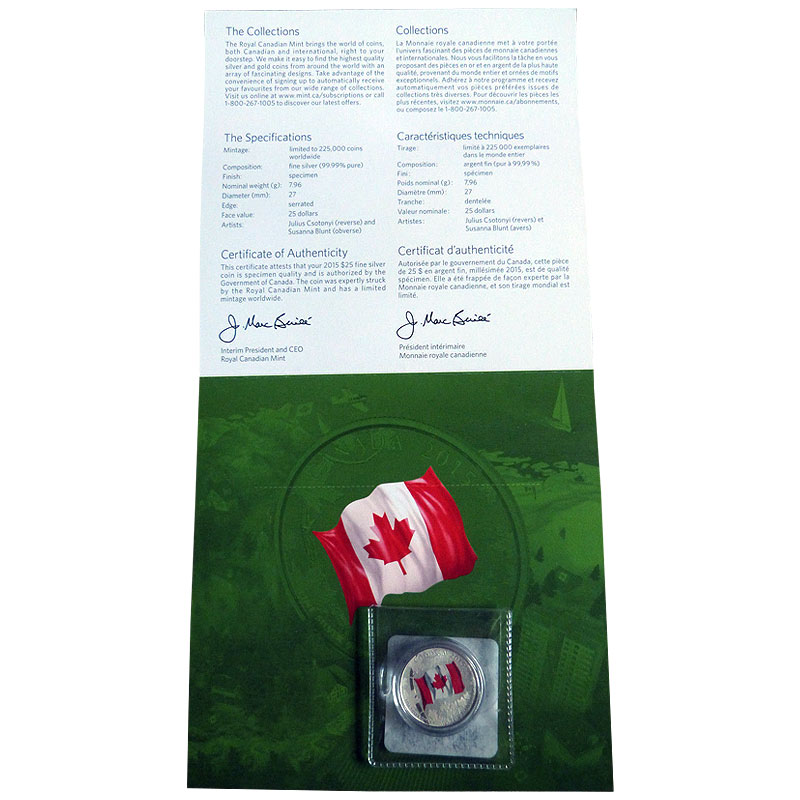 2015 $25 Dollar .9999 Fine Silver 'Canada Flag' Commemmorative coin 