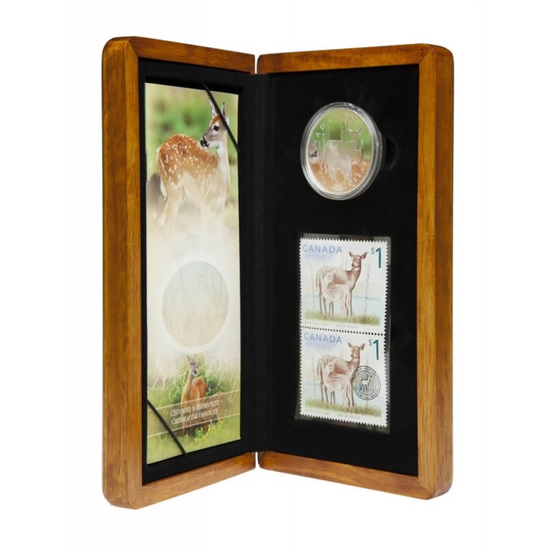 Stamps Set $5 Pure Silver Proof Canada 2005 White Tailed Deer and Fawn Coin 