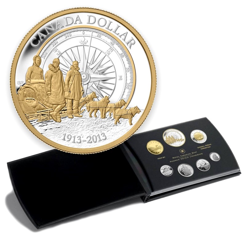 Canada 2013 7 Coin Pure Silver Proof Set with Arctic Expedition Gold Plated $1