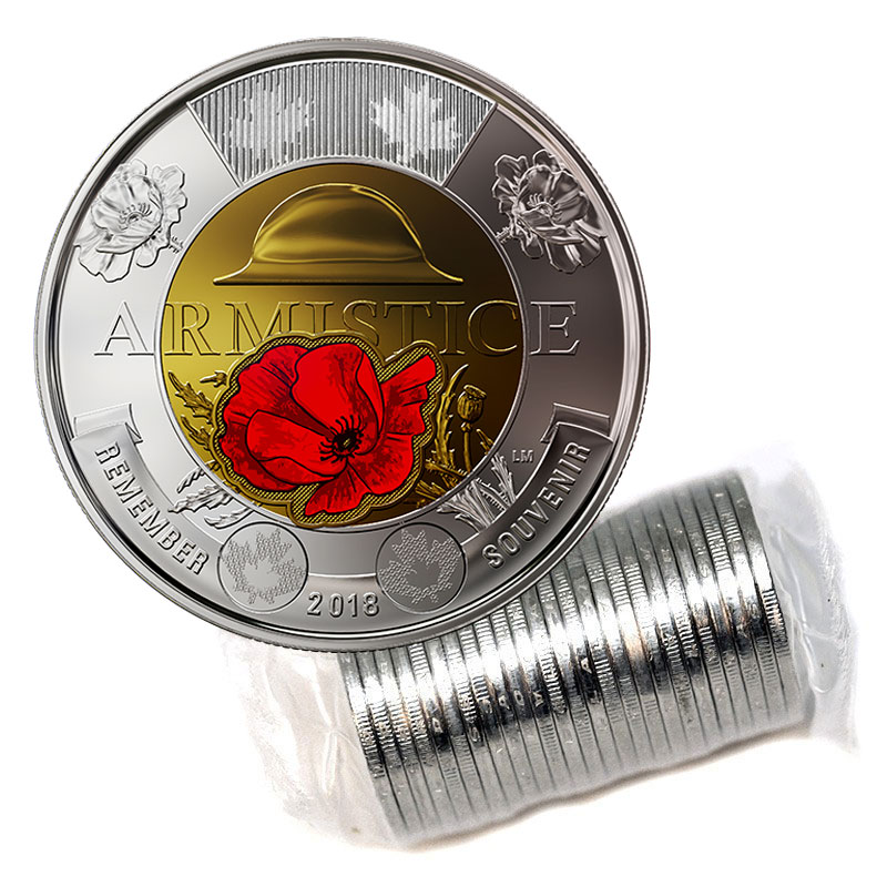 BU from Canada Mint roll 4 x 2018 $2 Toonie Colour Coins Armistice 100 Years