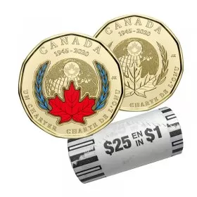 2020 (1945-) Canadian $1 Signing Of The United Nations Charter 75th Anniv Loonie Dollar Original Coin Roll (Some Coloured)