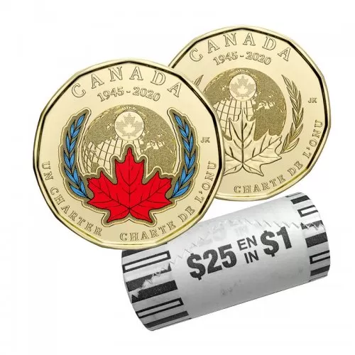 2020 (1945-) Canadian $1 Signing Of The United Nations Charter 75th Anniv Loonie Dollar Original Coin Roll (Some Coloured)