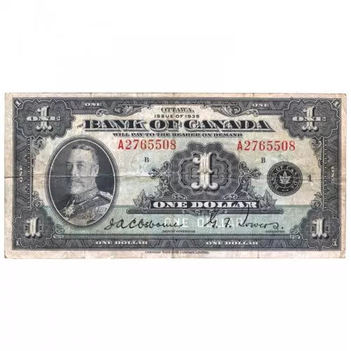 1935 Bank of Canada $1 HM King George V English Series A Bill Note (F+)
