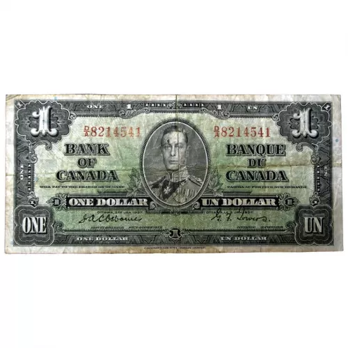 1937 Bank of Canada $1 Bilingual Series Osborne-Towers Bill Note (F+)