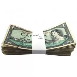 1954 Bank of Canada $1 Dollar Bill Modified Portrait Series, 100-ct Bundle (Circulated)