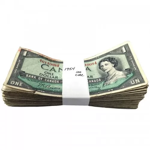 1954 Bank of Canada $1 Dollar Bill Modified Portrait Series, 100-ct Bundle (Circulated)