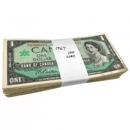 1967 (1867-) Bank of Canada $1 Dollar Centennial of Canadian Confederation Dated Notes 100ct Bundle (VF-AU)