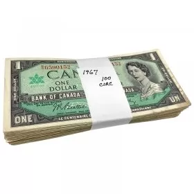 1967 (1867-) Bank of Canada $1 Dollar Centennial of Canadian Confederation Dated Notes 100ct Bundle (VF-AU)