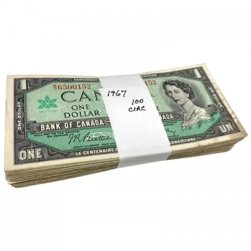 1967 (1867-) Bank of Canada $1 Dollar Centennial of Canadian Confederation Dated Notes 100ct Bundle (VF-AU)