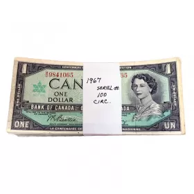 1967 (1867-) Bank of Canada $1 Dollar Centennial of Canadian Confederation Serial Notes 100ct Bundle (Circulated)