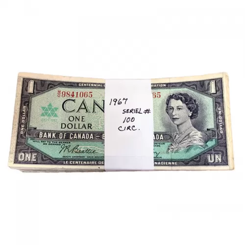 1967 (1867-) Bank of Canada $1 Dollar Centennial of Canadian Confederation Serial Notes 100ct Bundle (Circulated)