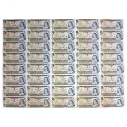 1973 Bank of Canada $1 Dollar Bill Multicoloured Series, Uncut Sheet (5 x 8 Format)-edge of sheet has some wrinkles  