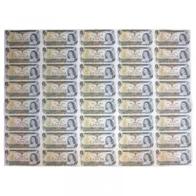 1973 Bank of Canada $1 Dollar Bill Multicoloured Series, Uncut Sheet (5 x 8 Format)-edge of sheet has some wrinkles  