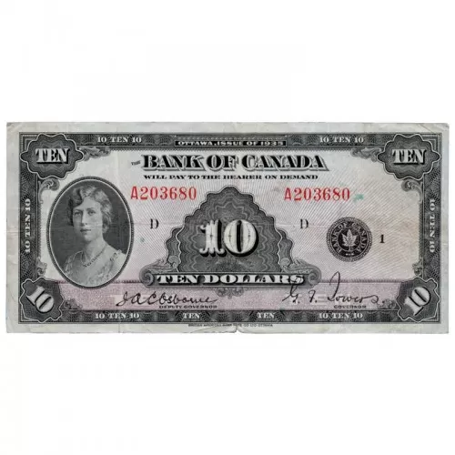 1935 Bank of Canada $10 Princess Mary English Series A Bill Note (G)