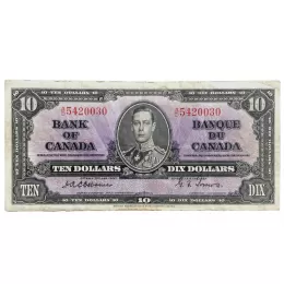 1937 Bank of Canada $10 Bilingual Series Osborne-Towers Bill Note-VF back slightly faded