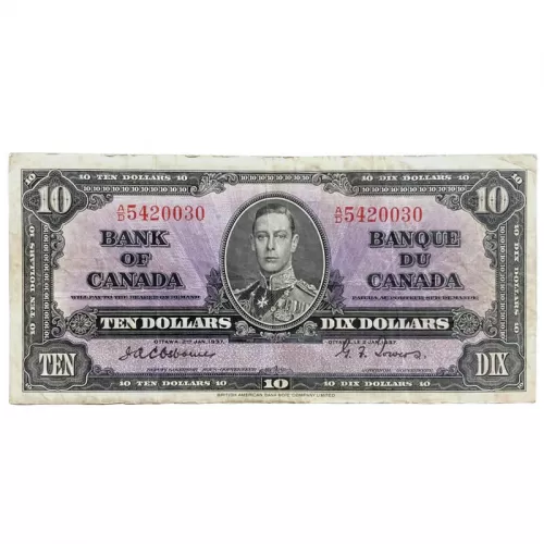 1937 Bank of Canada $10 Bilingual Series Osborne-Towers Bill Note-VF back slightly faded