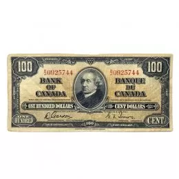 1937 Bank of Canada $100 Bilingual Series Gordon or coyne/Towers Bill Note (F)