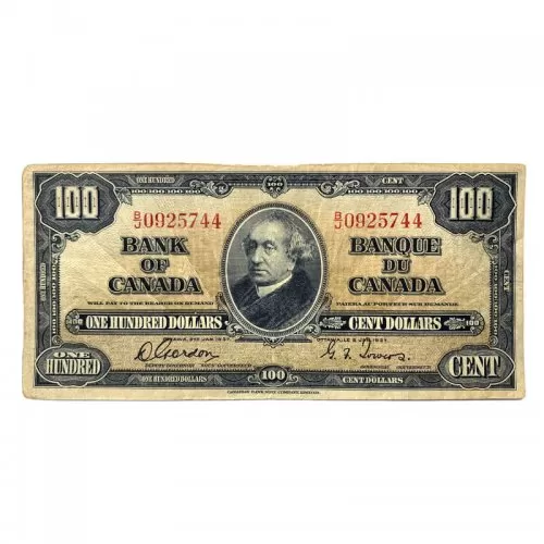 1937 Bank of Canada $100 Bilingual Series Gordon or coyne/Towers Bill Note (F)