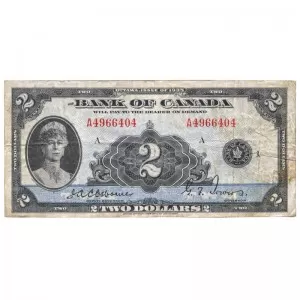 1935 Bank of Canada $2 Queen Mary French Series F Bill Note (VG+)