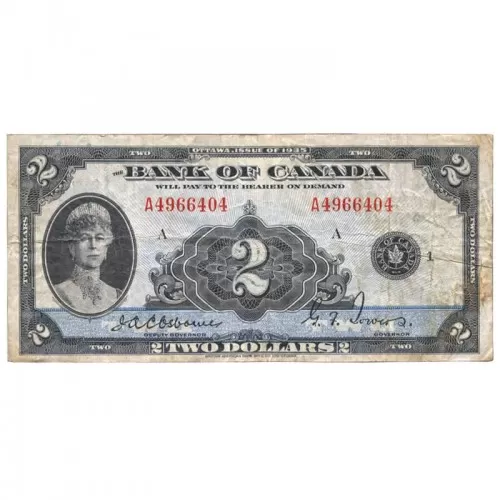 1935 Bank of Canada $2 Queen Mary French Series F Bill Note (VG+)