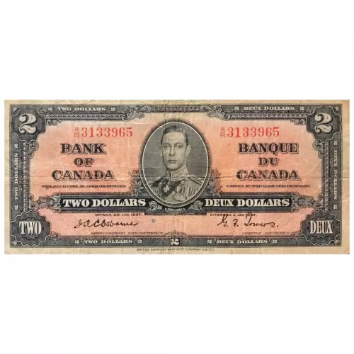 1937 Bank of Canada $2 Bilingual Series Osborne-Towers Bill Note (F15)