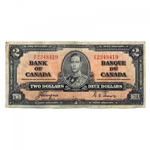 1937 Bank of Canada $2 Bilingual Series Bill Note Gordon/Coyne-Towers (VF)