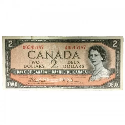 1954 Bank of Canada $2 Dollar Bill Note Devils Face Variety Beattie/Coyne (VF)