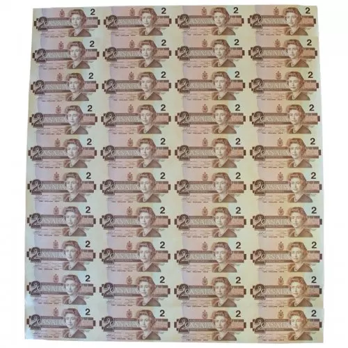 1986 Bank of Canada $2 Dollar Bills Bird Series, Uncut Sheet (4 x 10 Format)