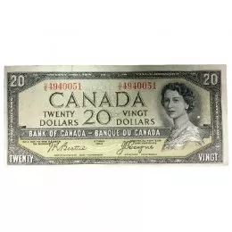 1954 Bank of Canada $20 Dollar Bill Note Devils Face Variety Beattie/Coyne (F+)