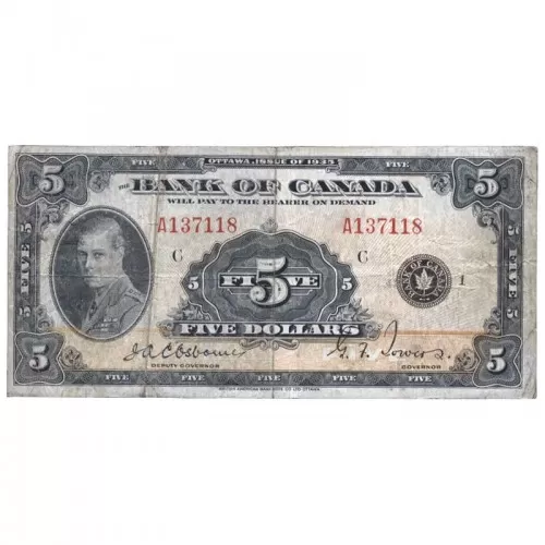 1935 Bank of Canada $5 Prince of Wales English Series A Bill Note (VF25)
