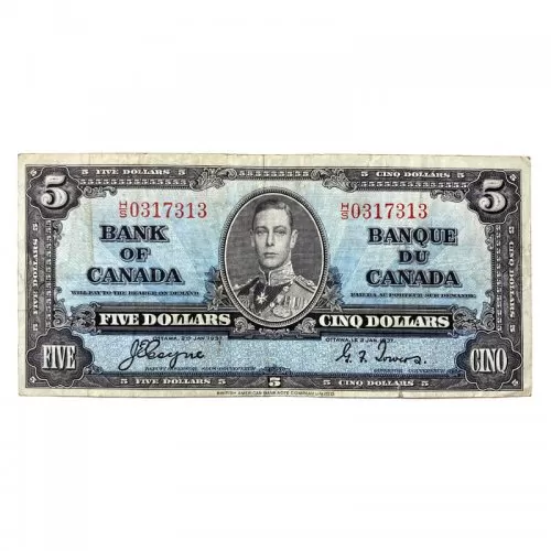 1937 Bank of Canada $5 Bilingual Series Bill Note (F+)