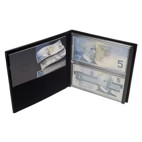 1986-2001 Bank of Canada $5 Dollar Bill, Lasting Impressions Dual Series Collector's Set-case holding bills not 100%