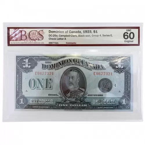 1923 Dominion of Canada $1 Bill Note BCS Graded UNC-60