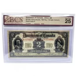 1914 Dominion of Canada $2 HRH Duke/Duchess of Connaught Bill Note BCS Graded VF-25 1914 Dominion of Canada $2 HRH Duke/Duchess of Connaught Bill Note BCS Graded VF-25