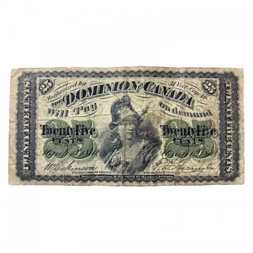 1870 Dominion of Canada 25-Cent Shinplaster Series Plain Fractional Note (VG)