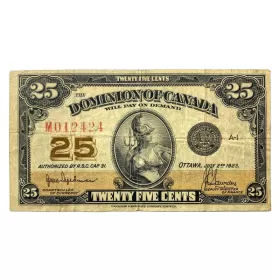 1923 Dominion of Canada 25-Cent Shinplaster Authorized Hyndman/Saunders Fractional Note (F)