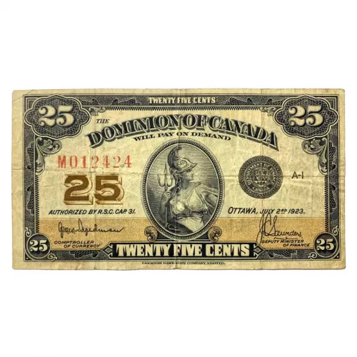 1923 Dominion of Canada 25-Cent Shinplaster Authorized Hyndman/Saunders Fractional Note (F)